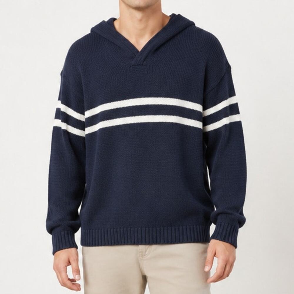 FRIDAY KappAhl Hooded Sweater Mens EU 42/44 S/M Navy Stripe Cotton Pullover